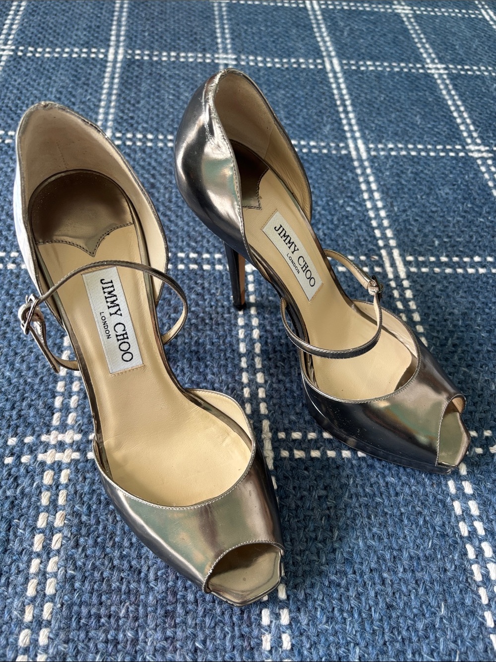 Jimmy Choo Metallic Silver Peep-Toe Mary Jane Stiletto Heels sz 38.5